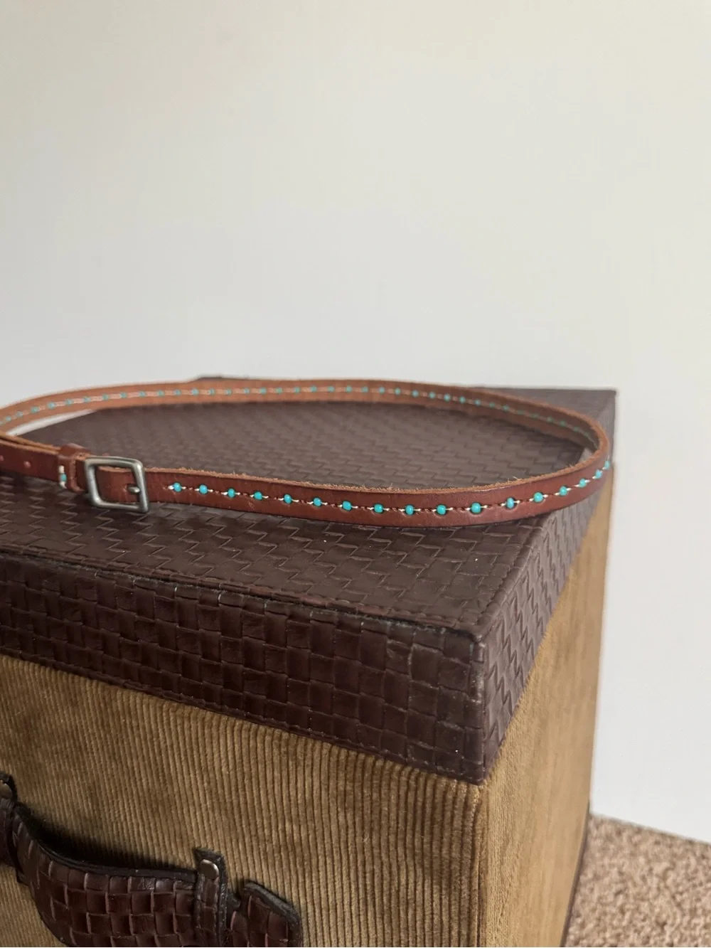 Thin Brown Leather Belt with Turquoise Beaded stitching